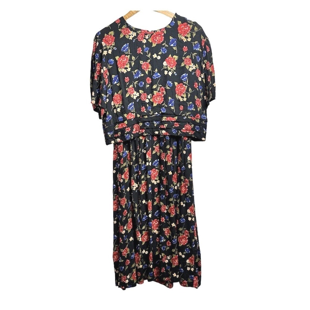 VTG HALMODE Petites 80's Sz 14P Blue Black Floral Short Sleeve MIDI Dress